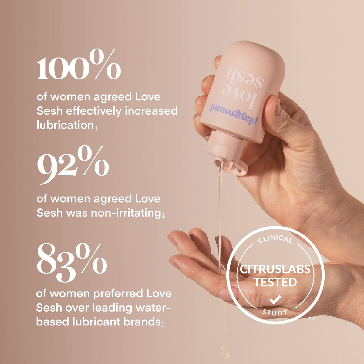 Hand holding a bottle of 'Love Sesh' lubricant with product details on a beige background