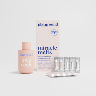 Playground brand products including a pink container and packaging on a white background