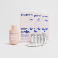 Product packaging for 'playground love sesh' and 'ground ground miracle melts' on a light gray background