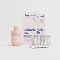 Playground Health 'love sesh' product and 'miracle melts' packaging on a white background