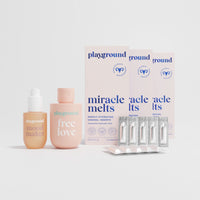Playground products including 'mood maker', 'free love', and 'miracle acele melts' on a white background.
